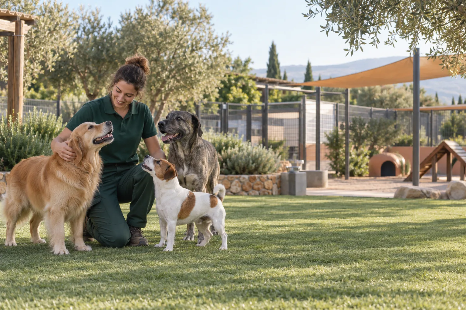 Cuidadora con perros en una residencia canina