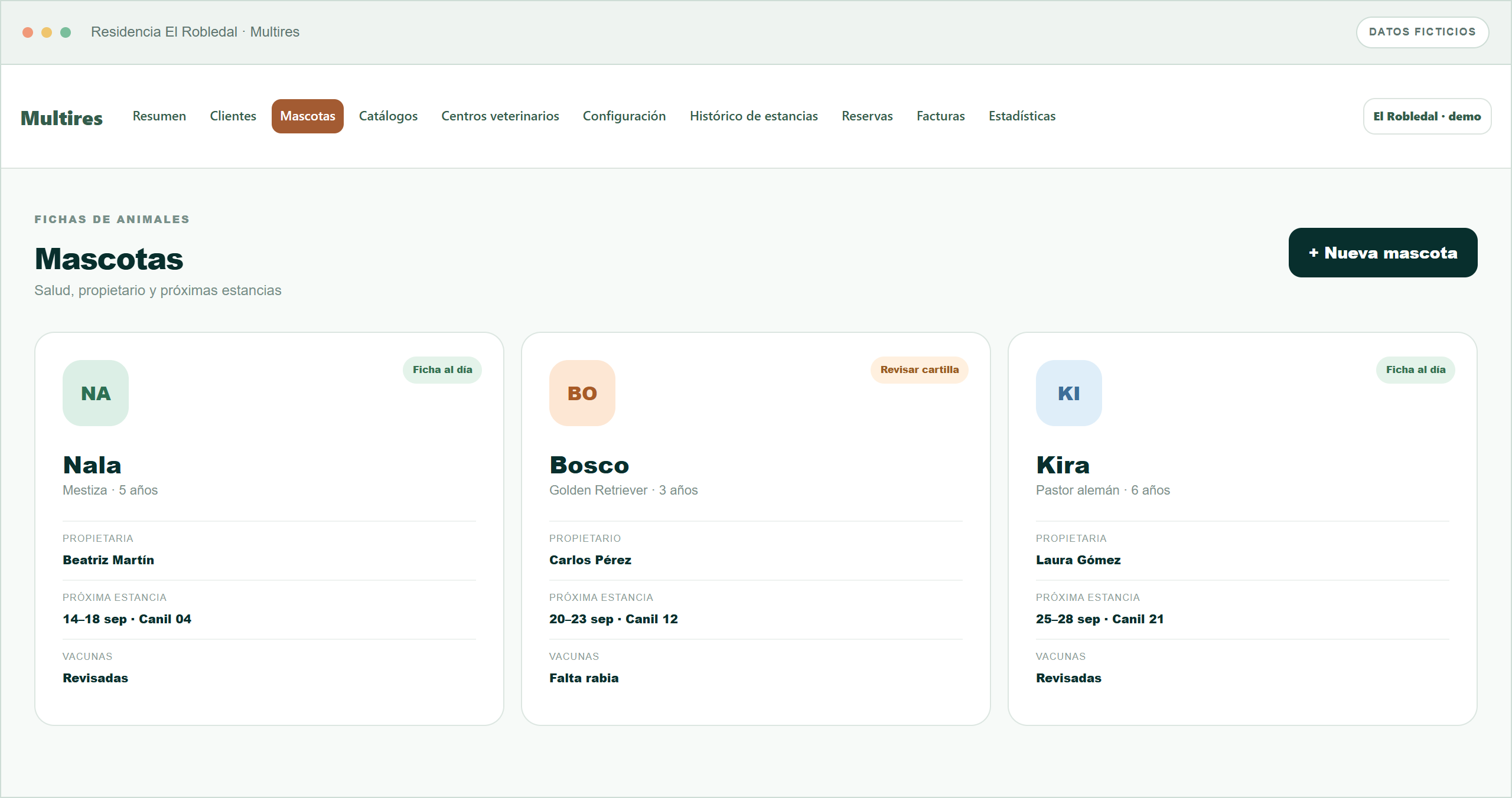 Tarjetas de mascotas con estado sanitario y próximas estancias usando datos ficticios